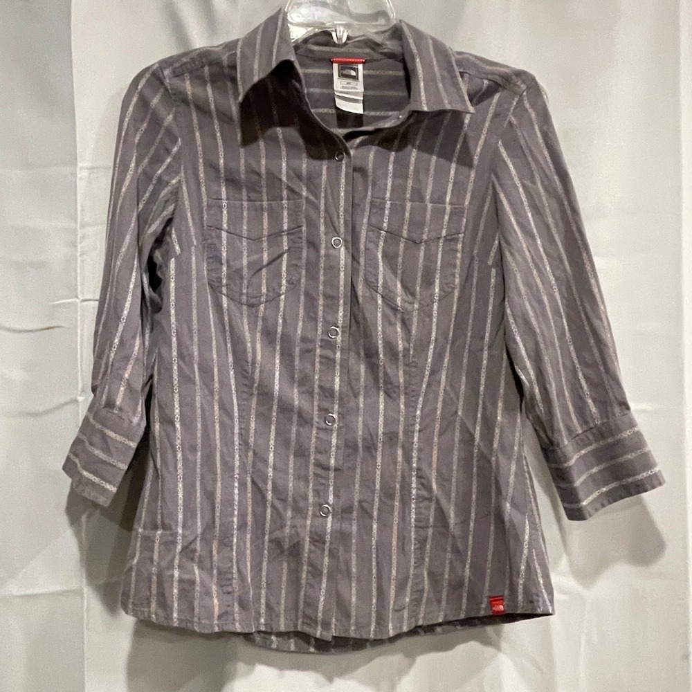 The North Face Womens Grey Embroidered Stripe 3/4 Sleeve Cotton Shirt AZ9S Small